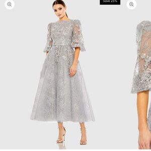 Mac Duggal Gray High Neck Puff Sleeve Embellished Dress